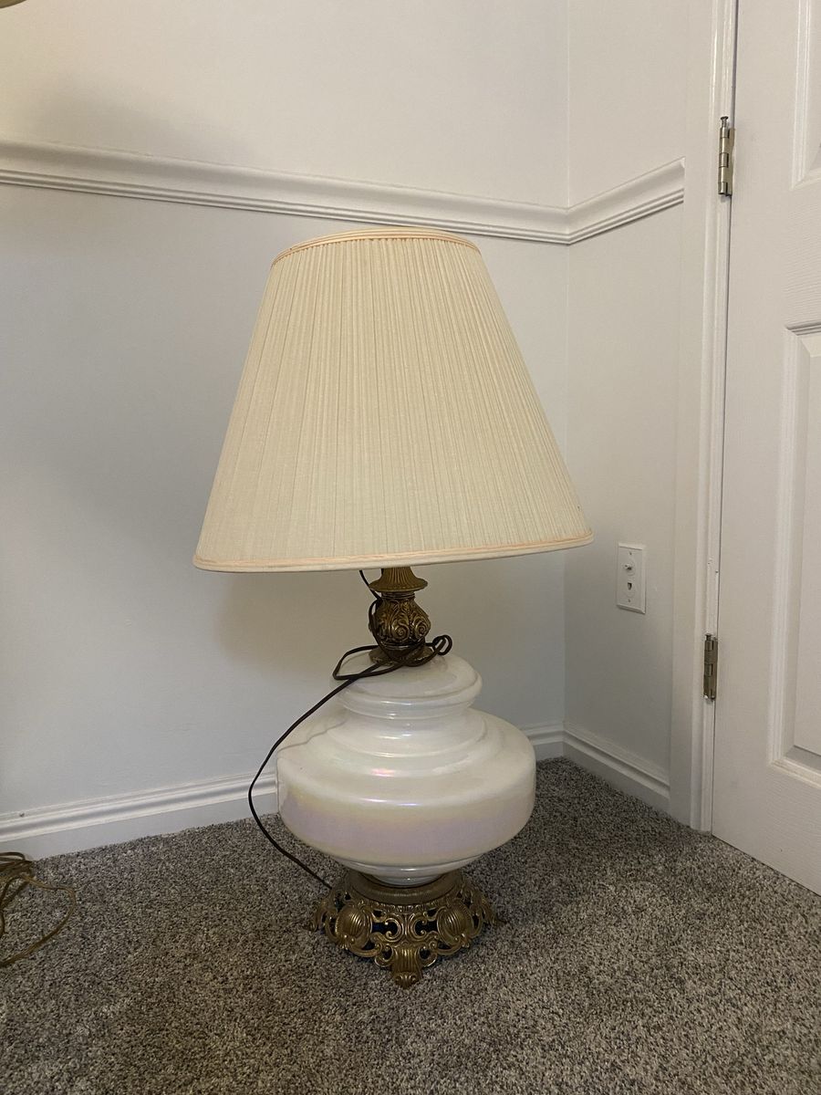 Sunbeam Vintage Iridescent White Glass & Brass Table Lamp with Pleated Shade