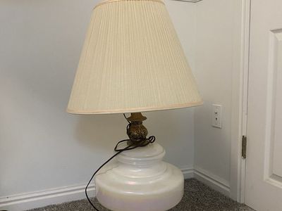Sunbeam Vintage Iridescent White Glass & Brass Table Lamp with Pleated Shade