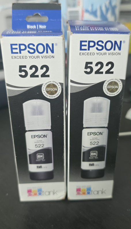 Two Epson 522 EcoTank Ultra-High Capacity Black Ink Bottles brand new