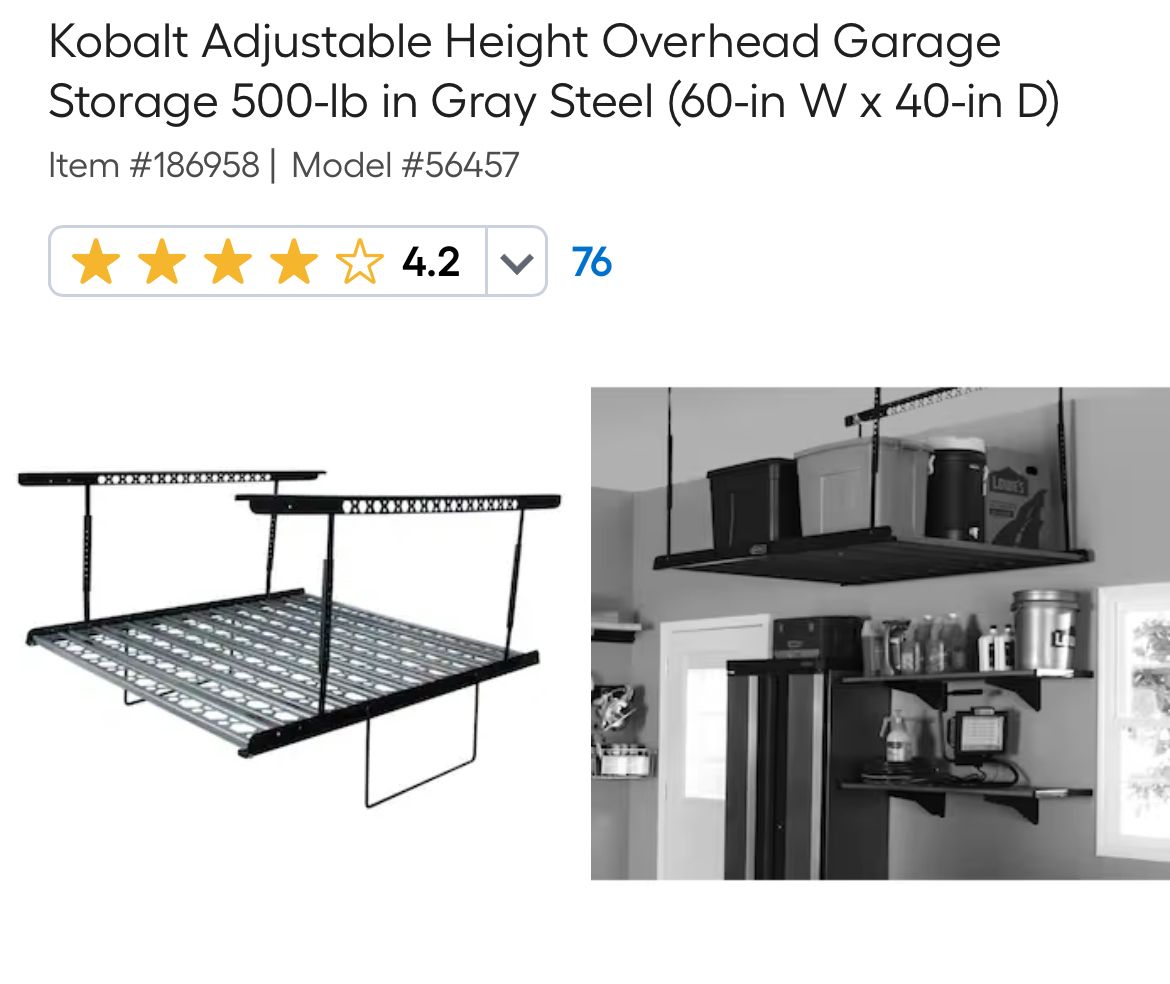 Kobalt Adjustable Height Overhead Garage Storage Rack – 500-Lb Capacity – $60 OBO