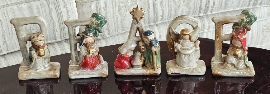 Ceramic Nativity Scene Letters Spelling PEACE Figurine Set