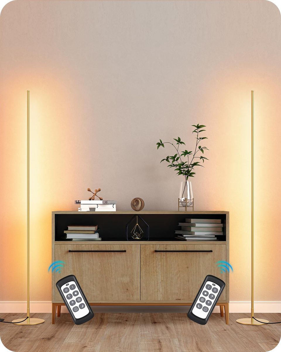 Brand New Set of 2 Minimalist Gold LED Corner Floor Lamps with Remotes