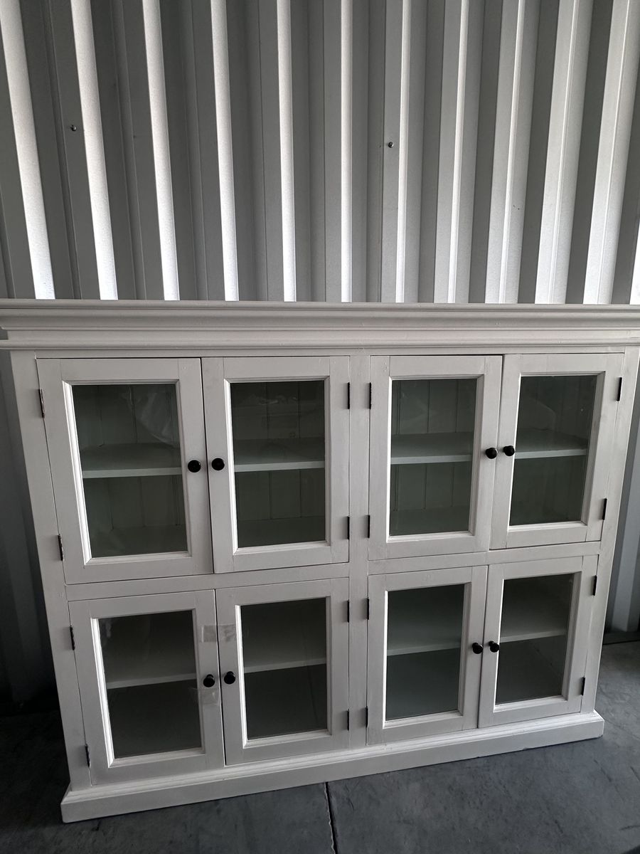 White Wood Display Cabinet with Glass Doors and Shelves - Large Storage Hutch
