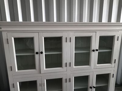 White Wood Display Cabinet with Glass Doors and Shelves - Large Storage Hutch