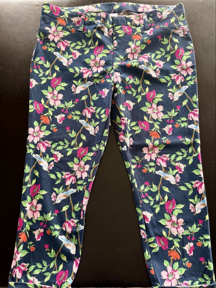 Women’s Time and Tru Floral & Bird Print Ankle Pants - Size XL (16-18) - Navy Multi