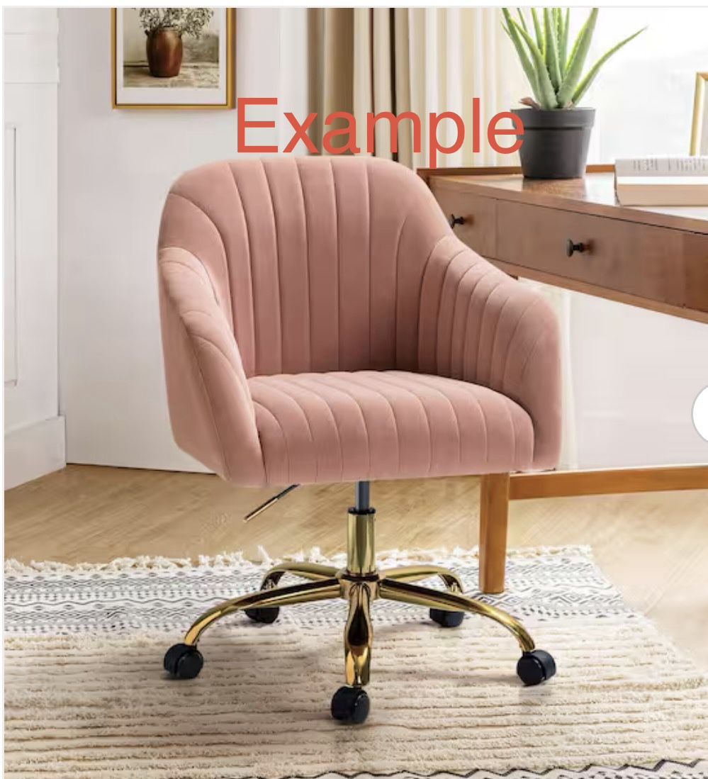 Pink Velvet Upholstered Swivel Desk Chair Gold Base, New in Box