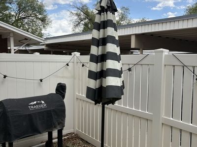 Black and white umbrella with base