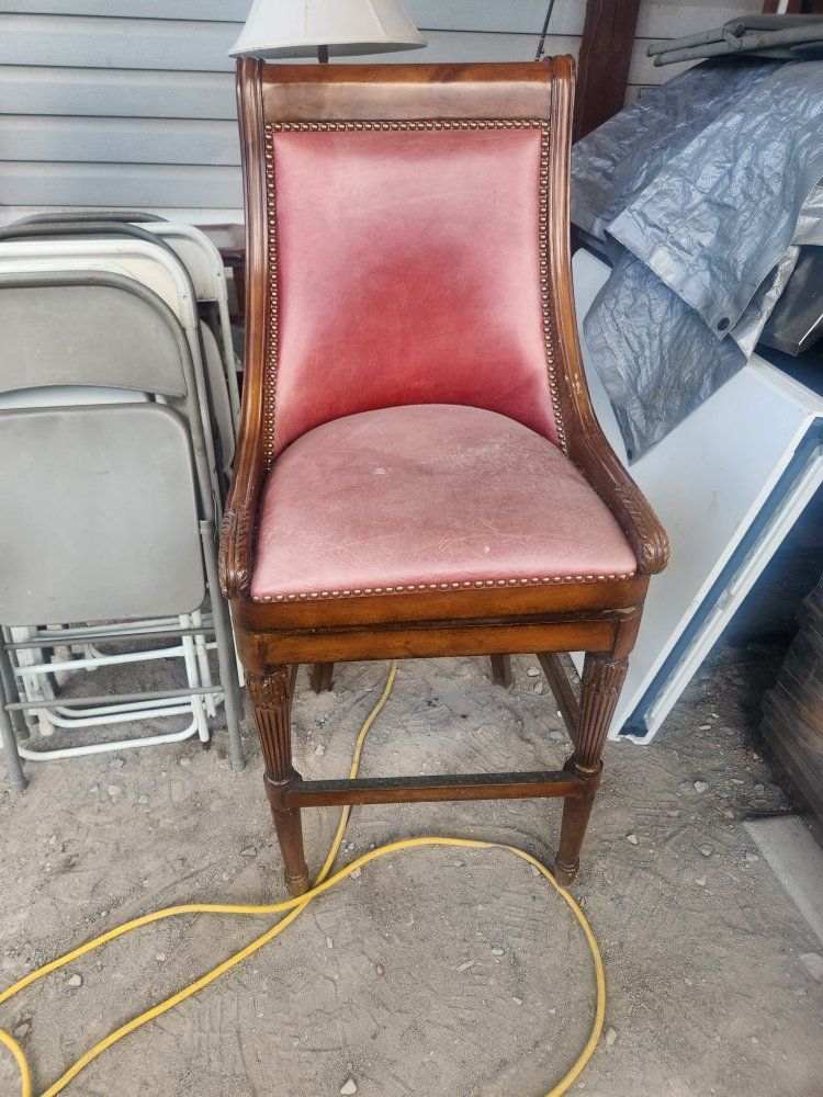 Vintage Style Wooden Bar Stool with Red Leather Upholstery and Nailhead Trim