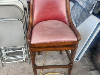 Vintage Style Wooden Bar Stool with Red Leather Upholstery and Nailhead Trim