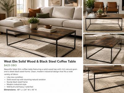 West Elm Solid Wood & Black Steel Coffee Table
