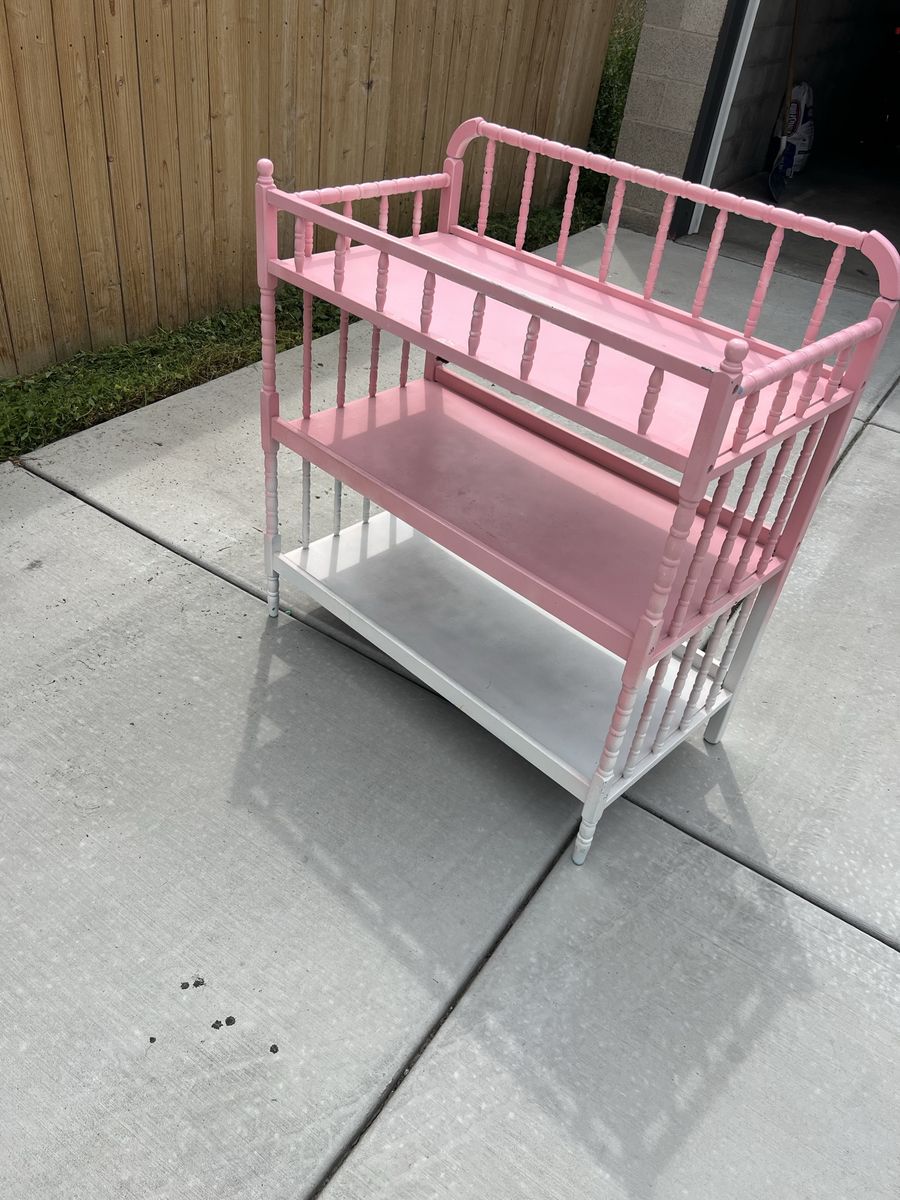 Pink and White Wooden Baby Changing Table with Pad and Storage Shelves