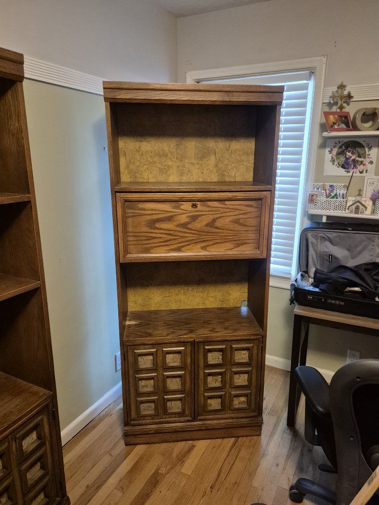 Vintage Wooden Bookcase Hutch Units Set of 2 with Drop-Down Desk & Cabinet Storage