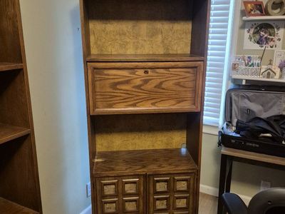 Vintage Wooden Bookcase Hutch Units Set of 2 with Drop-Down Desk & Cabinet Storage