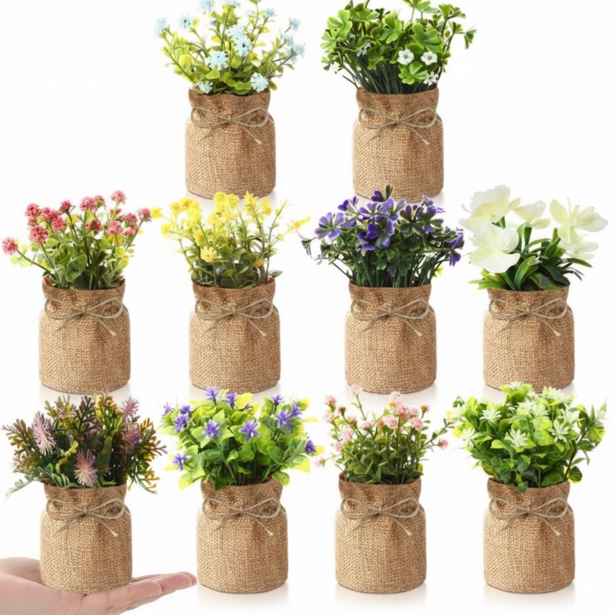 10 Pcs Artificial Mini Potted Flowers, Faux Plants with Burlap Base, Assorted Colors, 5.91" Tall