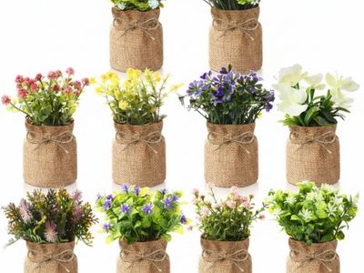 10 Pcs Artificial Mini Potted Flowers, Faux Plants with Burlap Base, Assorted Colors, 5.91" Tall