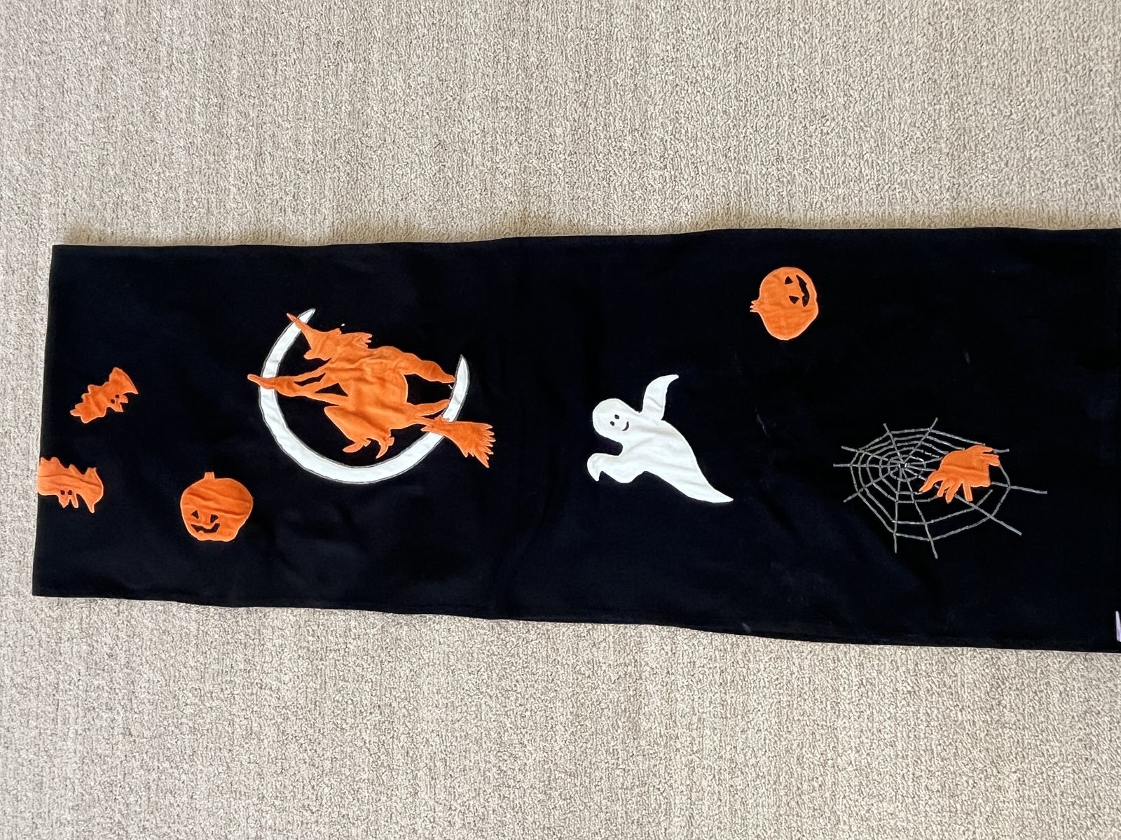 Fun, appliquéd, beaded Halloween table runner. 88” long 15.5” wide, excellent condition