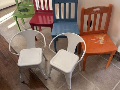 Kids sized vintage STURDY preschool chairs spindle feet wood $35 each metal $50 each