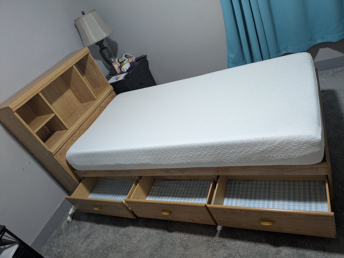 Wooden Twin Storage Bed Frame w/ Headboard, Drawers - Light Wood Finish