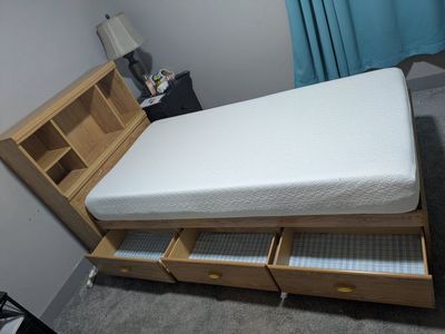 Wooden Twin Storage Bed Frame w/ Headboard, Drawers - Light Wood Finish