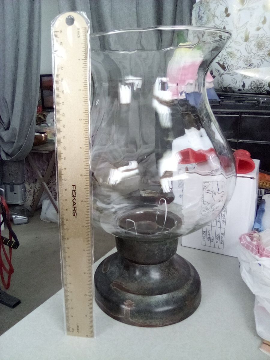 Vintage Solid Brass & Glass Hurricane Candle Holder - 12"  Tall, Made in India