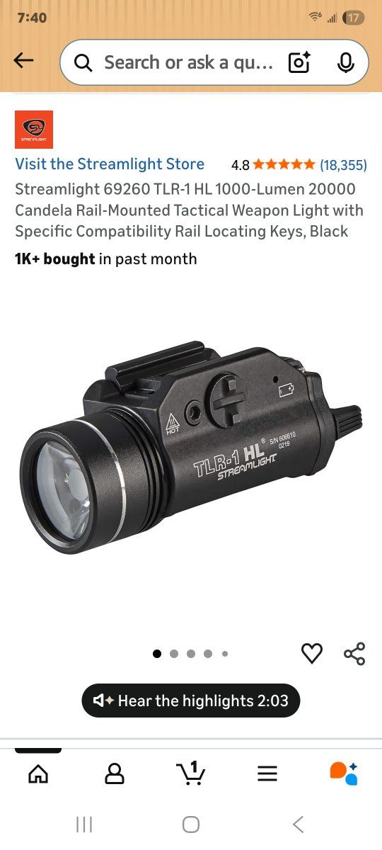Streamlight 69260 TLR-1 HL 1000-Lumen 20000 Candela Rail-Mounted