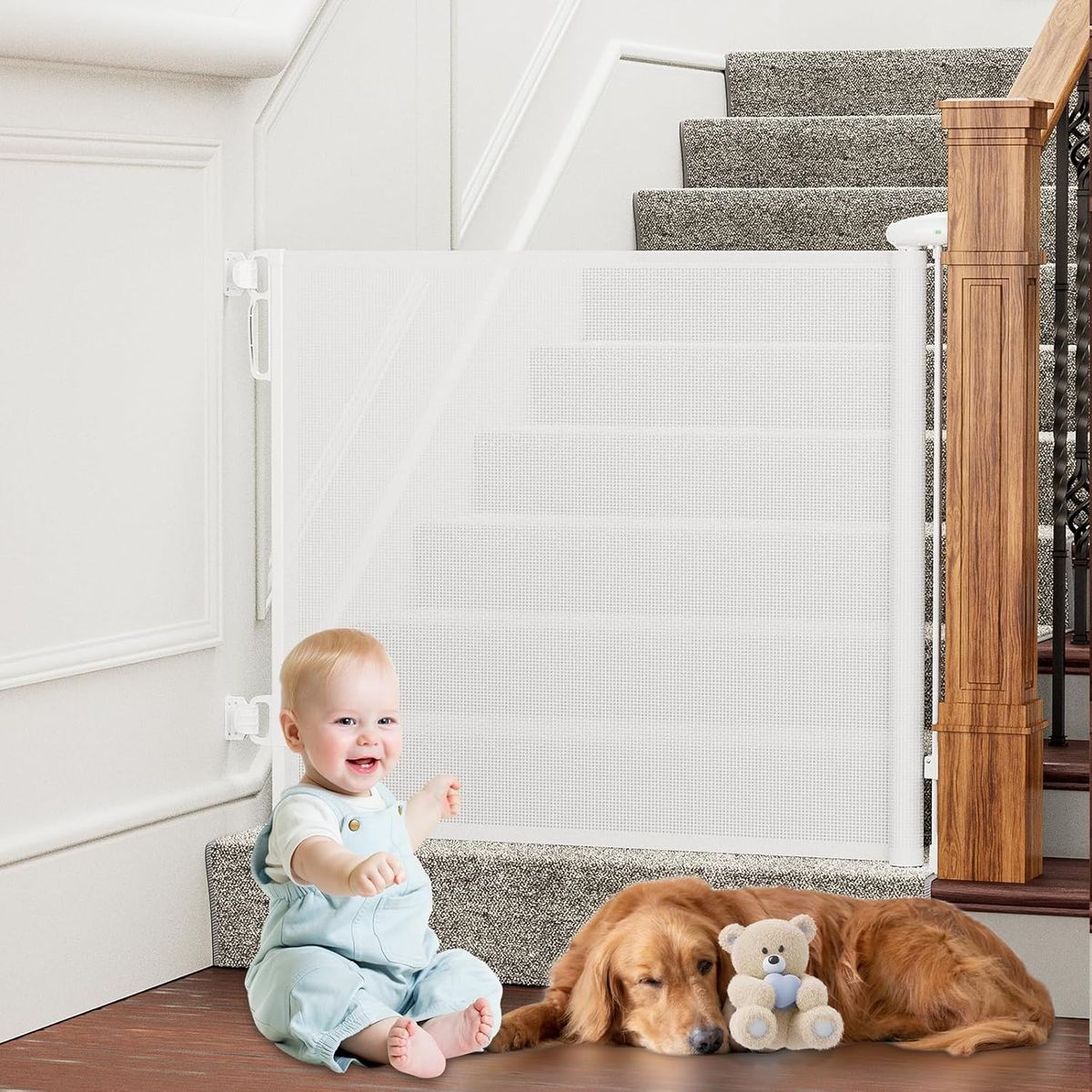 54"x33" Retractable Baby Gate, No Drilling, White