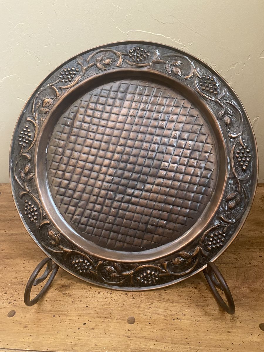 Vintage 13” Copper Serving Tray - Grapevine Embossed Decorative Plate - Adds Richness- C PIX