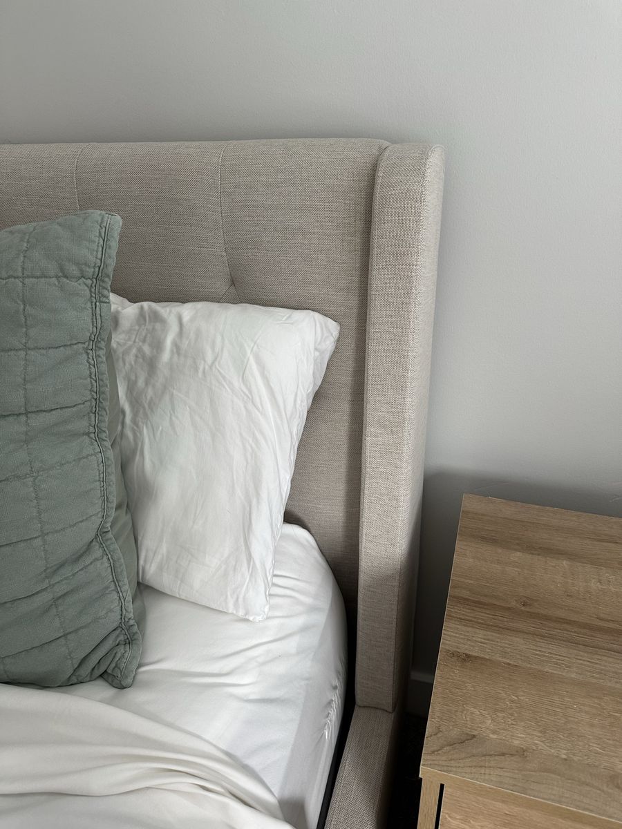 Queen Size Upholstered Bed Frame - Modern Beige Fabric Headboard and Frame
