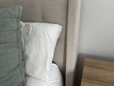 Queen Size Upholstered Bed Frame - Modern Beige Fabric Headboard and Frame