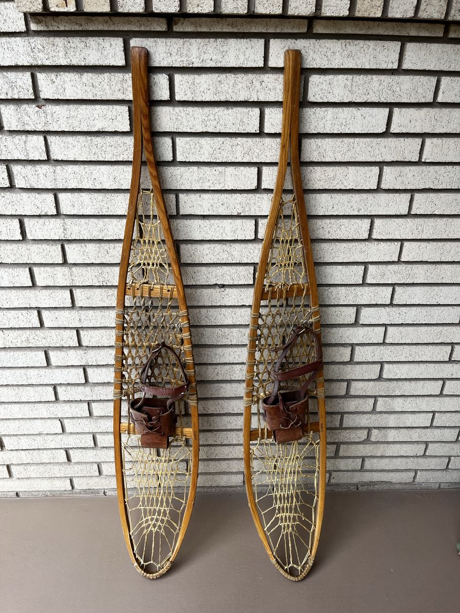 Vintage Wooden Snowshoes with Leather Bindings - Traditional Winter Decor/Sporting Equipment