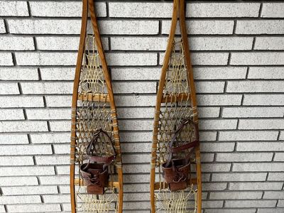 Vintage Wooden Snowshoes with Leather Bindings - Traditional Winter Decor/Sporting Equipment