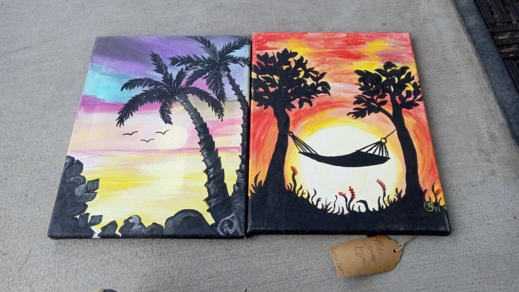 2 Paintings Palm Trees Sea Hammock Sunset Support a Local Artist