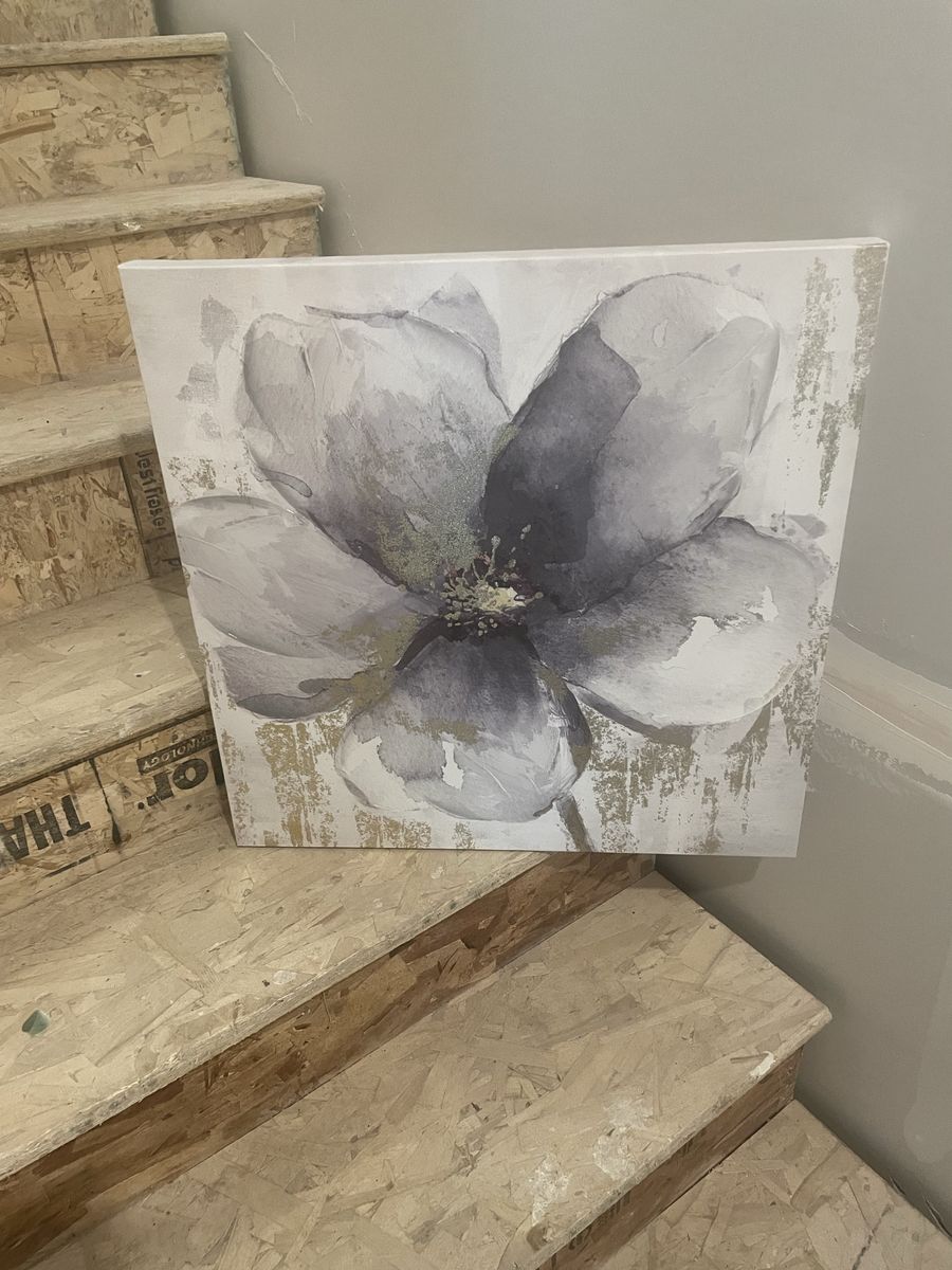 Floral Canvas Wall Art - Grey, Gold & White Flower Painting