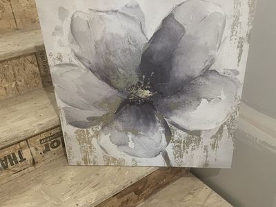 Floral Canvas Wall Art - Grey, Gold & White Flower Painting