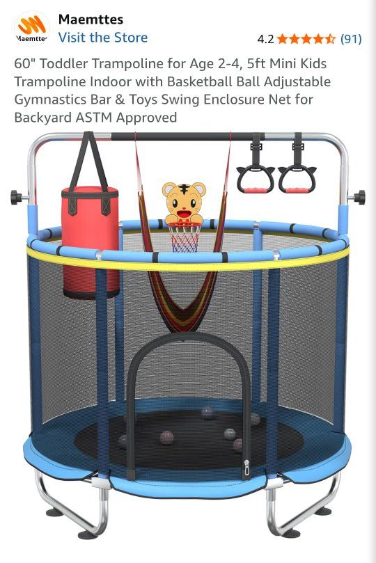 Maemttes 60" Toddler Trampoline w/ Basketball Hoop, Punching Bag & Gymnastics Bar for Ages 2-4