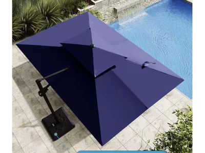 12 ft. x 9 ft. Double Top Outdoor Cantilever Umbrella in Navy Blue Aluminum Patio Offset Umbrella with Cross Stand