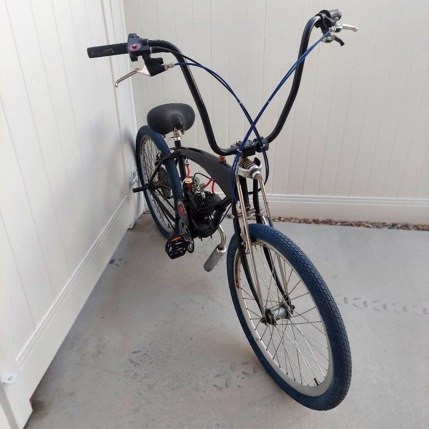 Custom Motorized Bicycle - Black Cruiser with Blue Tires & Pirate Cycles Engine