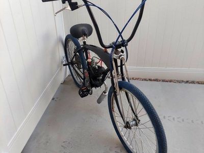 Custom Motorized Bicycle - Black Cruiser with Blue Tires & Pirate Cycles Engine