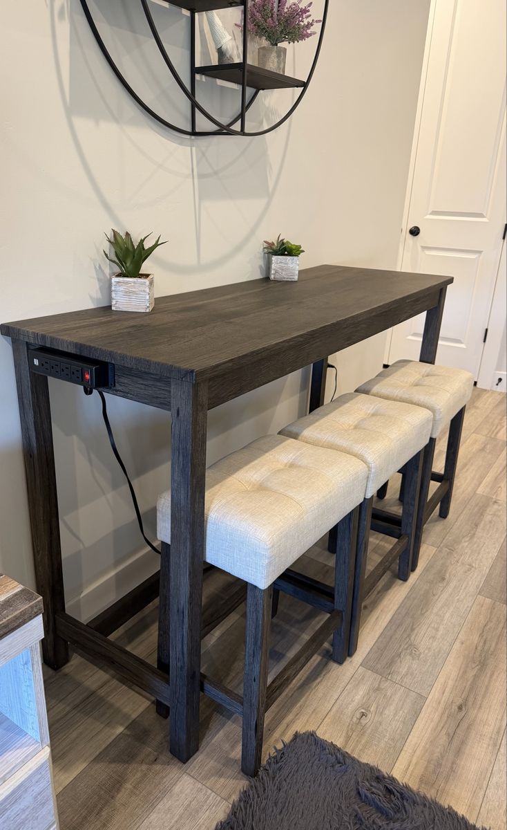 Gorgeous Console Table with 3 Stools and Built-in Power Strip, Dark Wood Finish