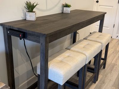 Gorgeous Console Table with 3 Stools and Built-in Power Strip, Dark Wood Finish