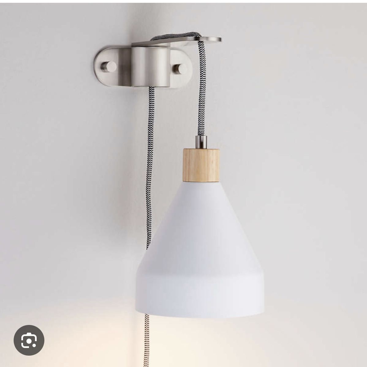 Crate & Barrel Bracket Pendant Plug-In Wall Lamp - White Metal, Wood Trim, Brushed Nickel