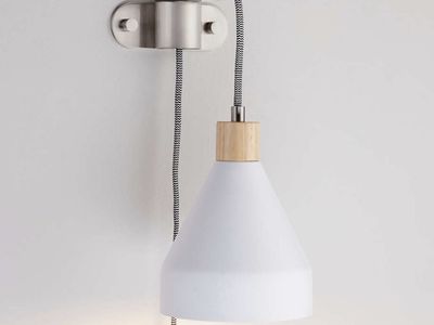 Crate & Barrel Bracket Pendant Plug-In Wall Lamp - White Metal, Wood Trim, Brushed Nickel