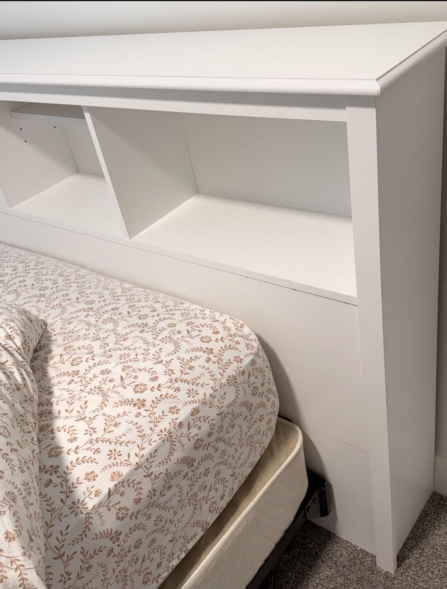 Full size mattress, box spring, frame, and bookcase headboard.