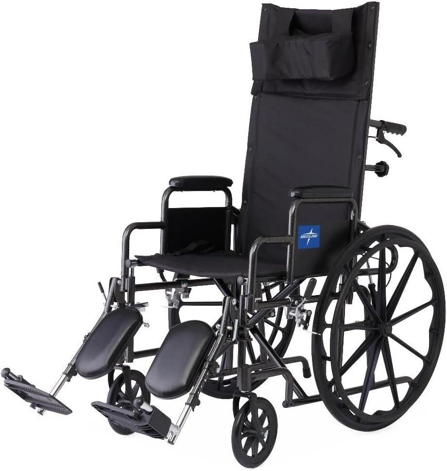 Reclining Wheelchair, 18", with Elevating Leg Rests, Durable Vinyl, 300 lb. Weight Limit