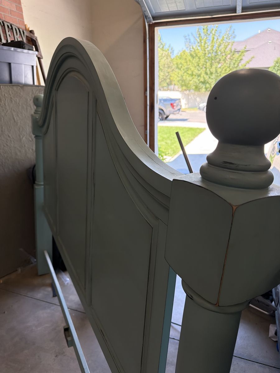 Vintage Style Light Blue Painted Wooden Headboard with Decorative Posts