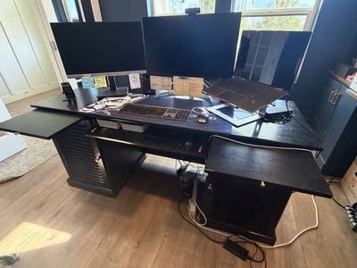 Black Executive Office Desk with Pull-Out Trays and Storage Cabinets