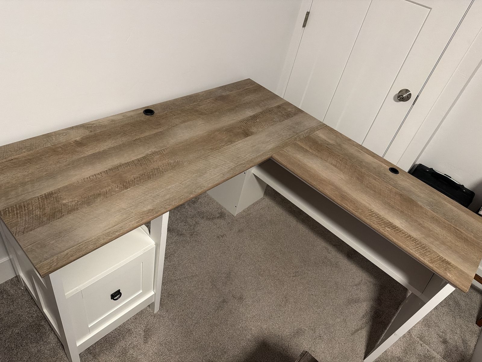 Spacious L-Shaped Corner Desk with Storage Drawer and Cable Management - Light Wood Finish