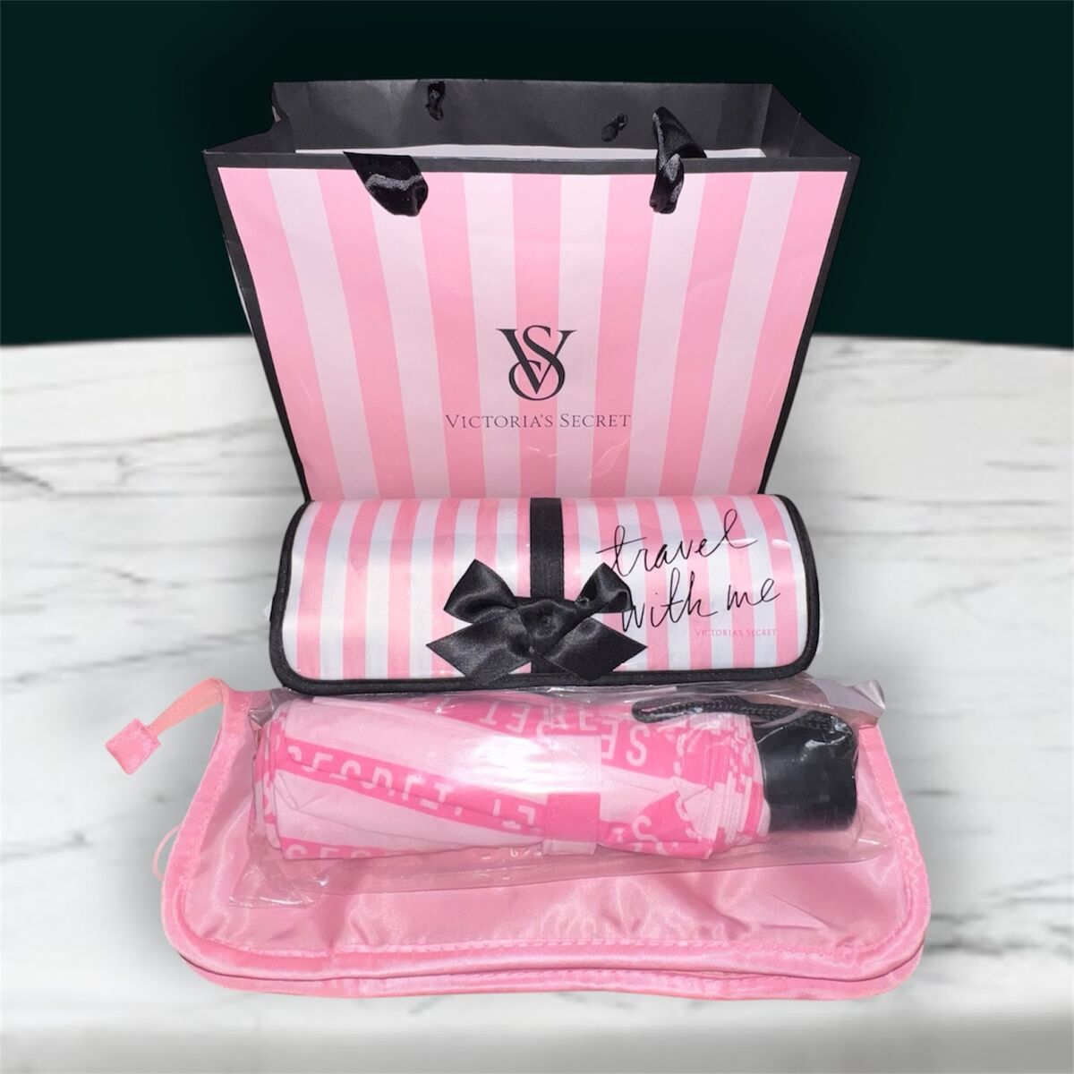 Victoria's Secret Iconic Pink Striped Umbrella with Soft Case and Travel With Me Hanging Toiletry Bag