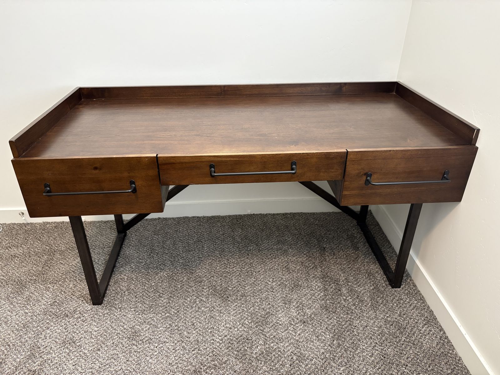 Dark Wood Desk with 3 Drawers and Metal Legs - Modern Home Office Furniture