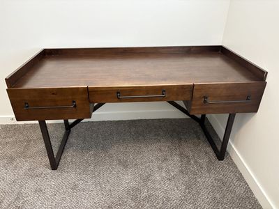 Dark Wood Desk with 3 Drawers and Metal Legs - Modern Home Office Furniture